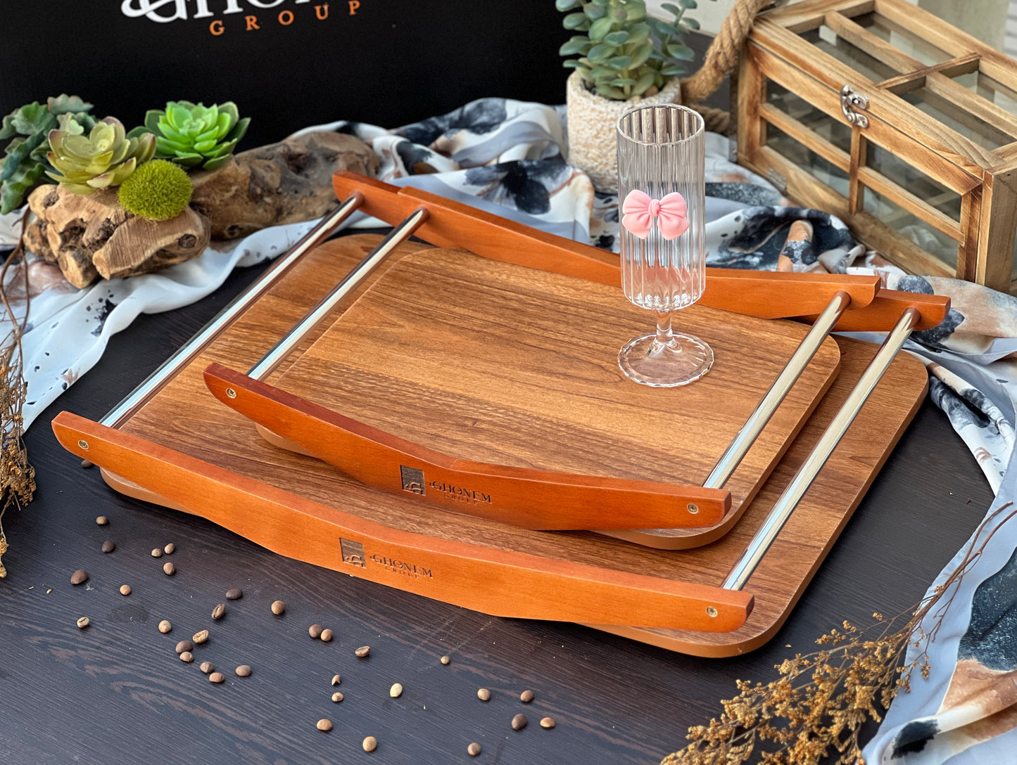 Wooden tray with steel handle