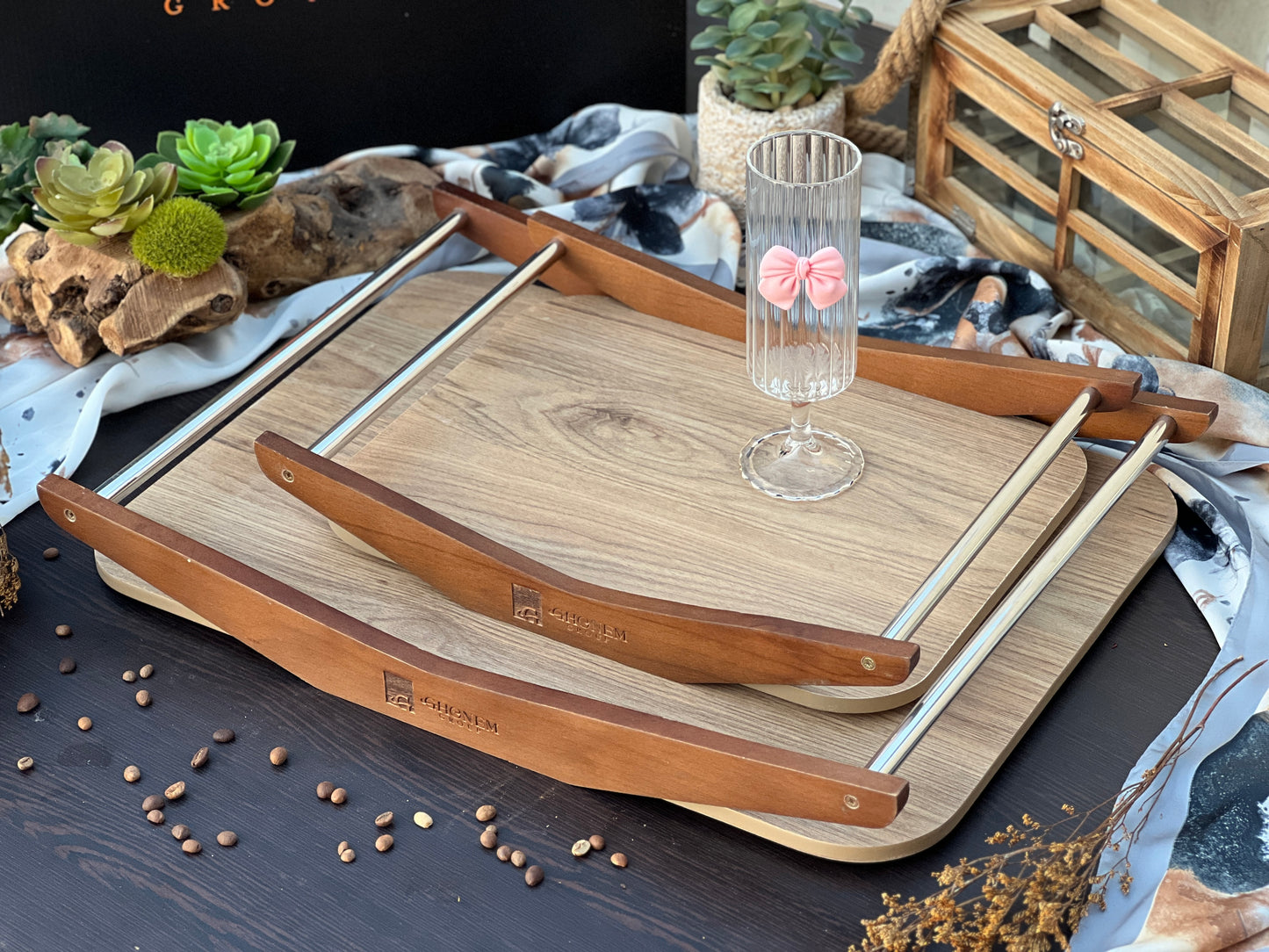 Wooden tray with steel handle