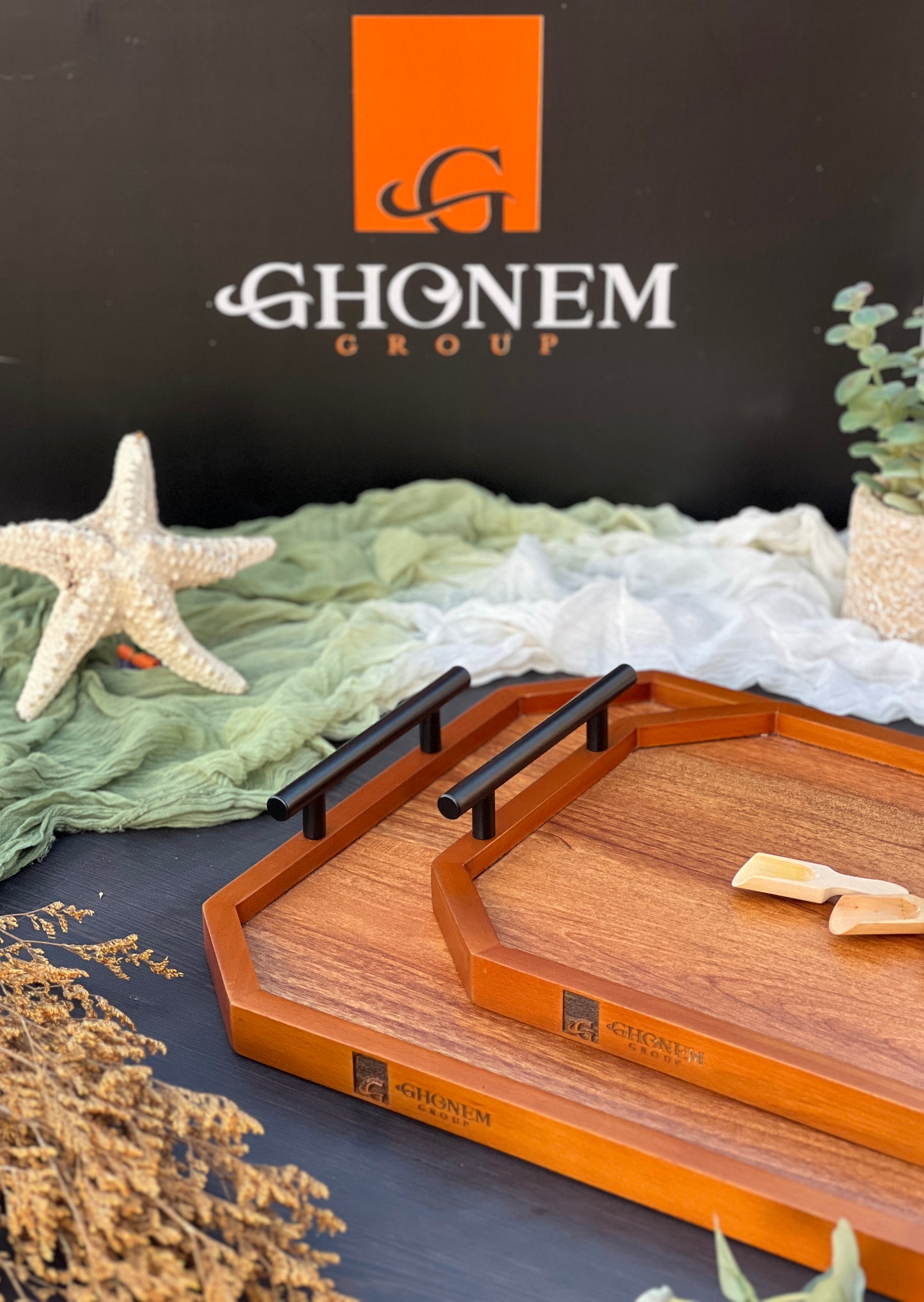 Octagonal Wooden Tray With Metal Handle