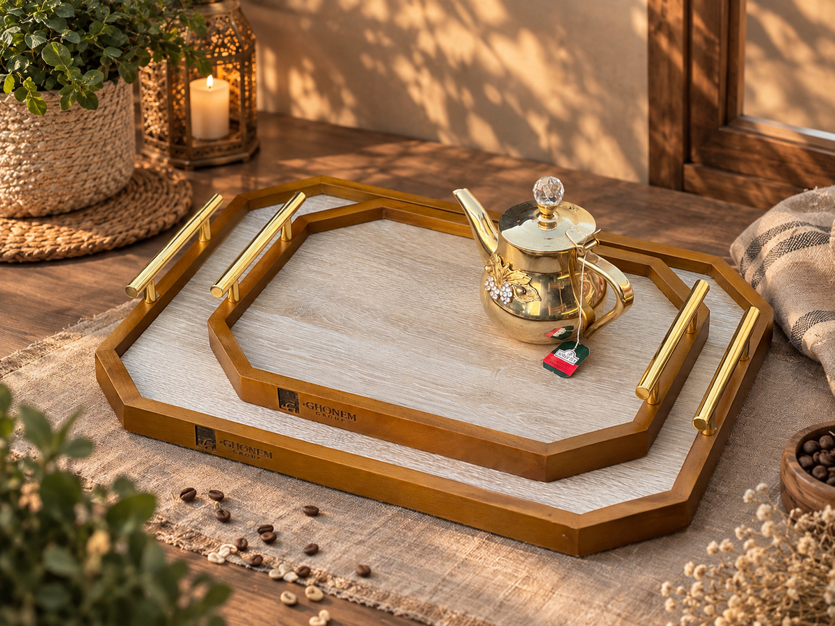 Octagonal Wooden Tray With Metal Handle - Ghonem Group