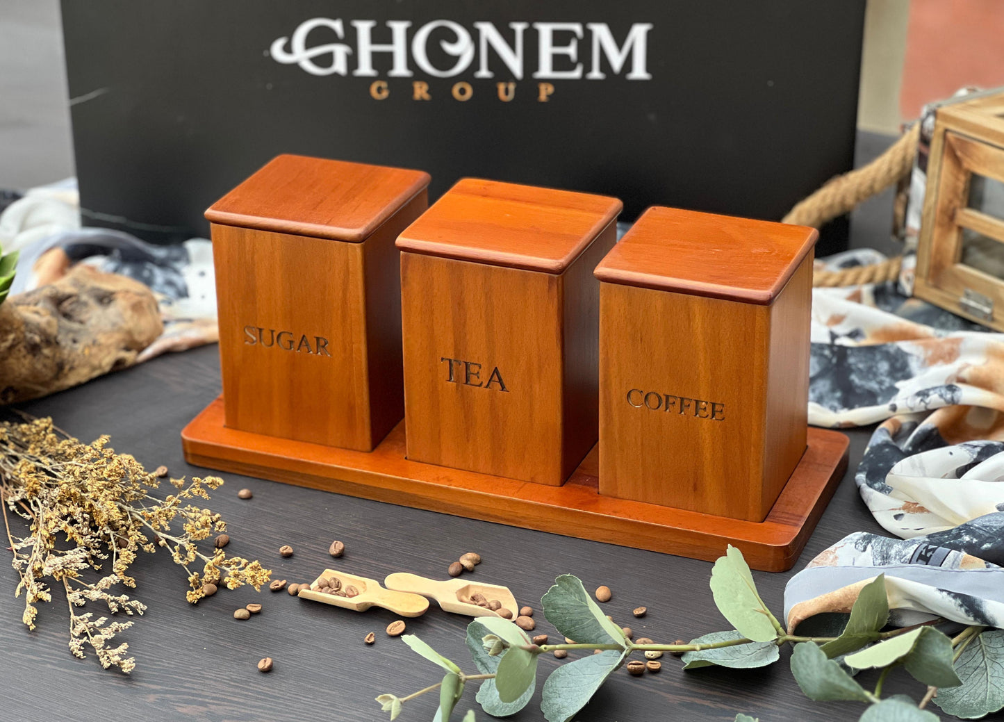 Wooden Tea, Coffee & Sugar Set