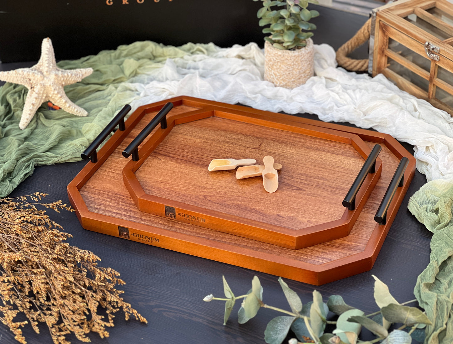 Octagonal Wooden Tray With Metal Handle