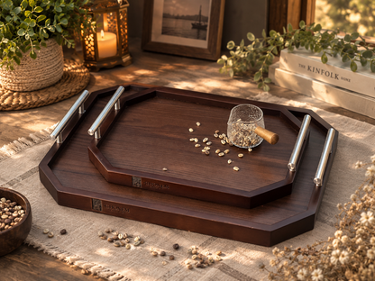Octagonal Wooden Tray With Metal Handle - Ghonem Group