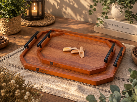 Octagonal Wooden Tray With Metal Handle - Ghonem Group