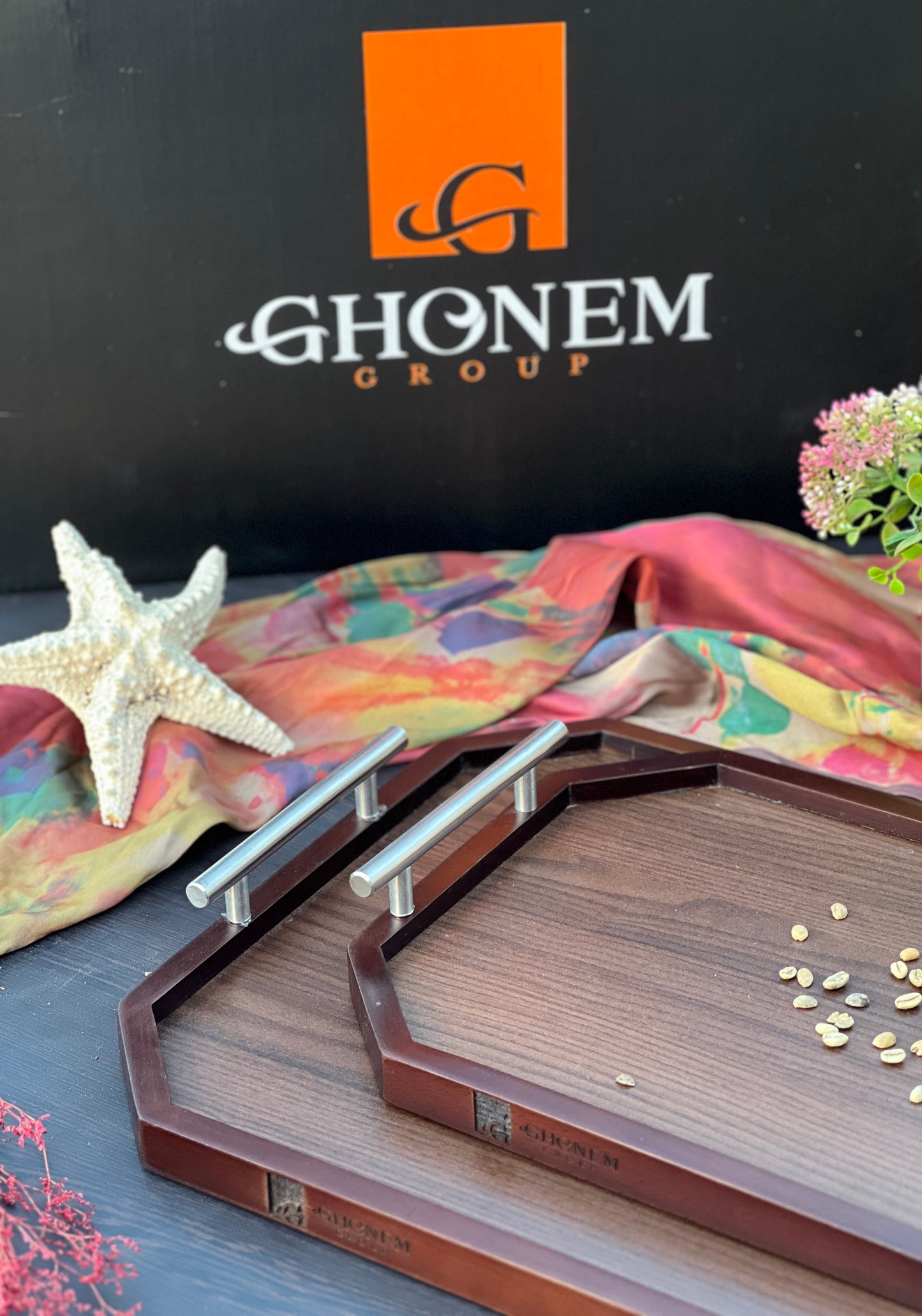 Octagonal Wooden Tray With Metal Handle