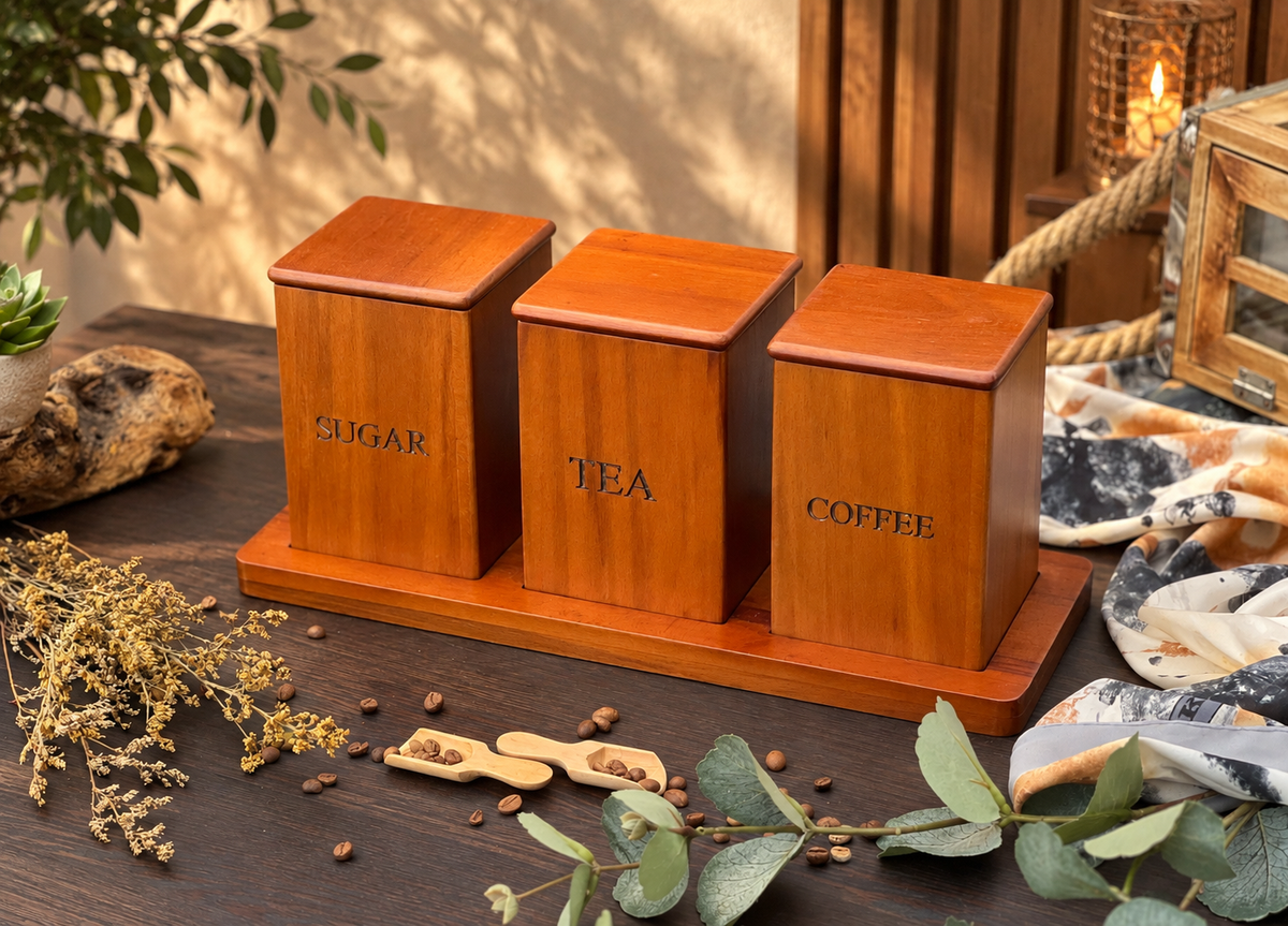 Wooden Tea, Coffee & Sugar Set - Ghonem Group