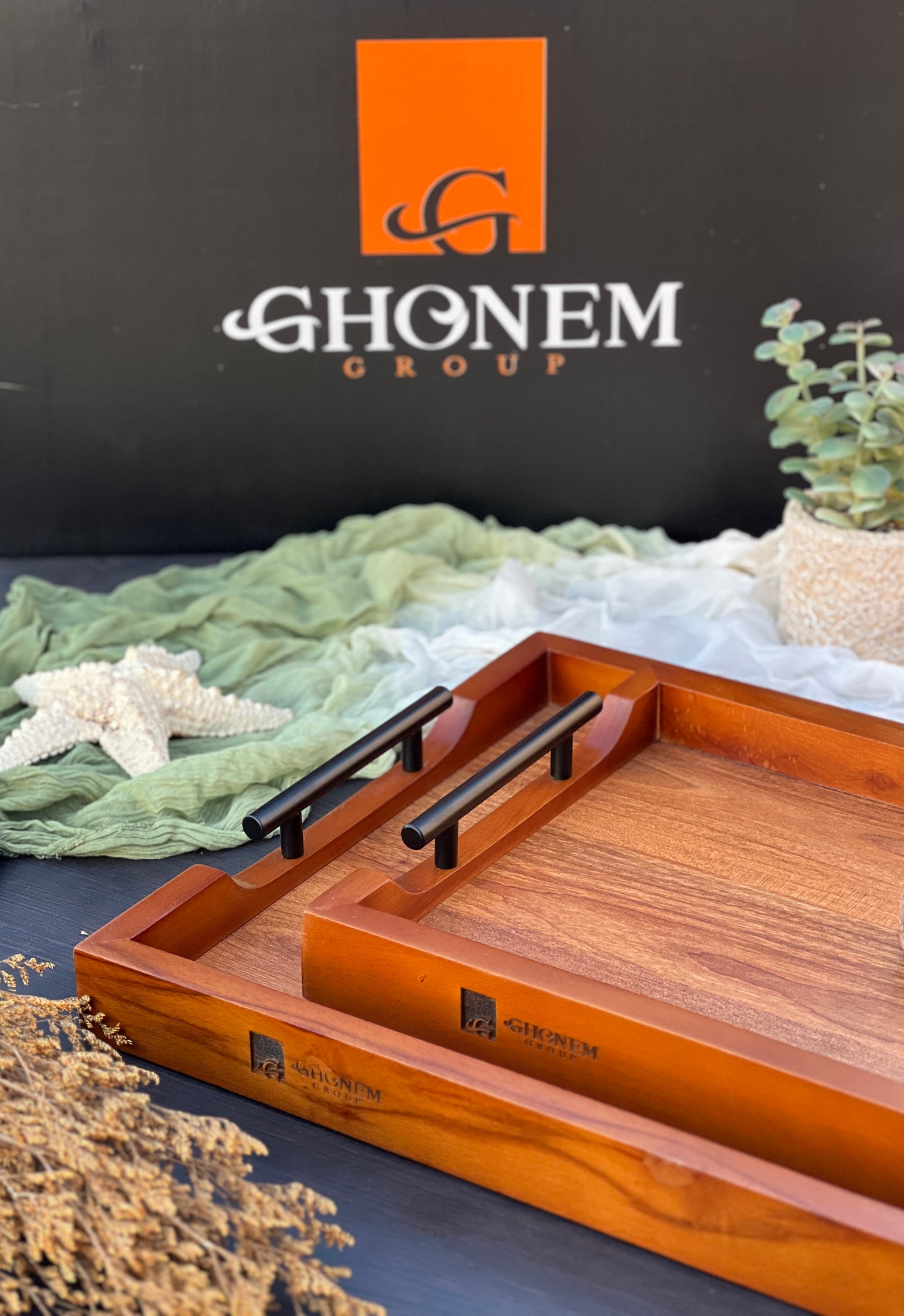 Wooden Tray With Metal Handle