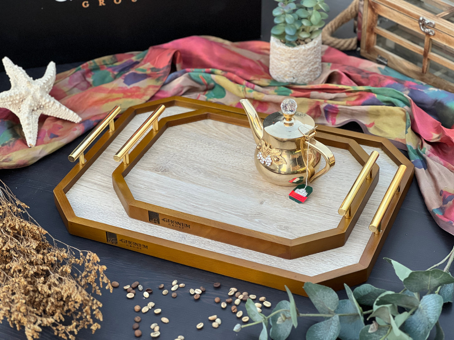 Octagonal Wooden Tray With Metal Handle