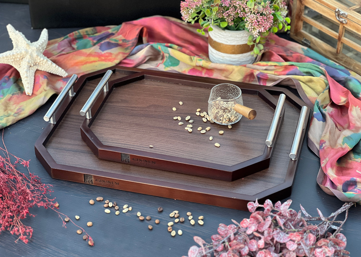 Octagonal Wooden Tray With Metal Handle