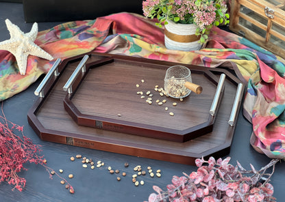 Octagonal Wooden Tray With Metal Handle