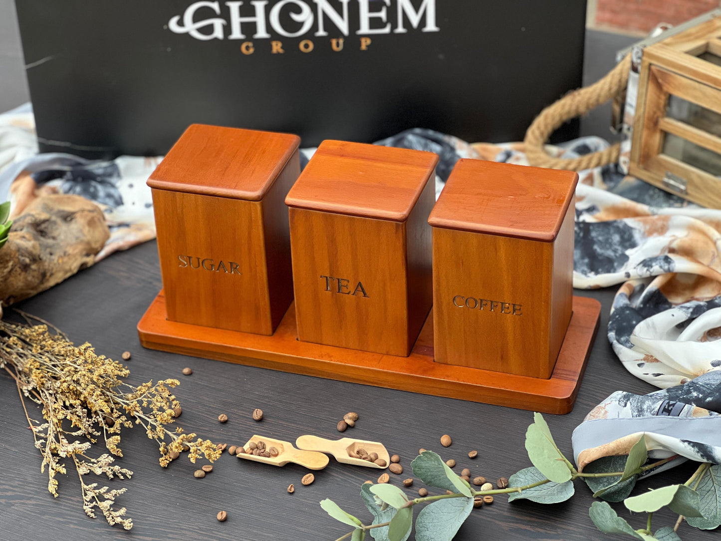 Wooden Tea, Coffee & Sugar Set