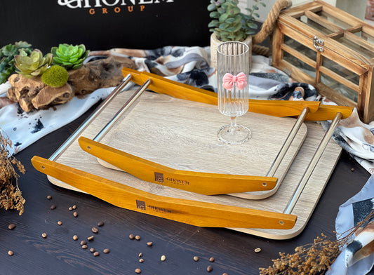 Wooden tray with steel handle