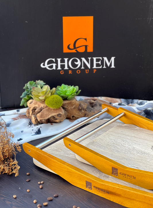Wooden tray with steel handle