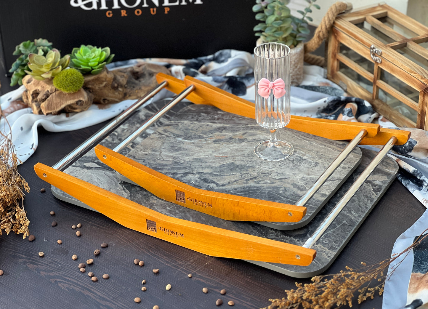 Wooden tray with steel handle