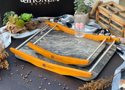 Wooden tray with steel handle