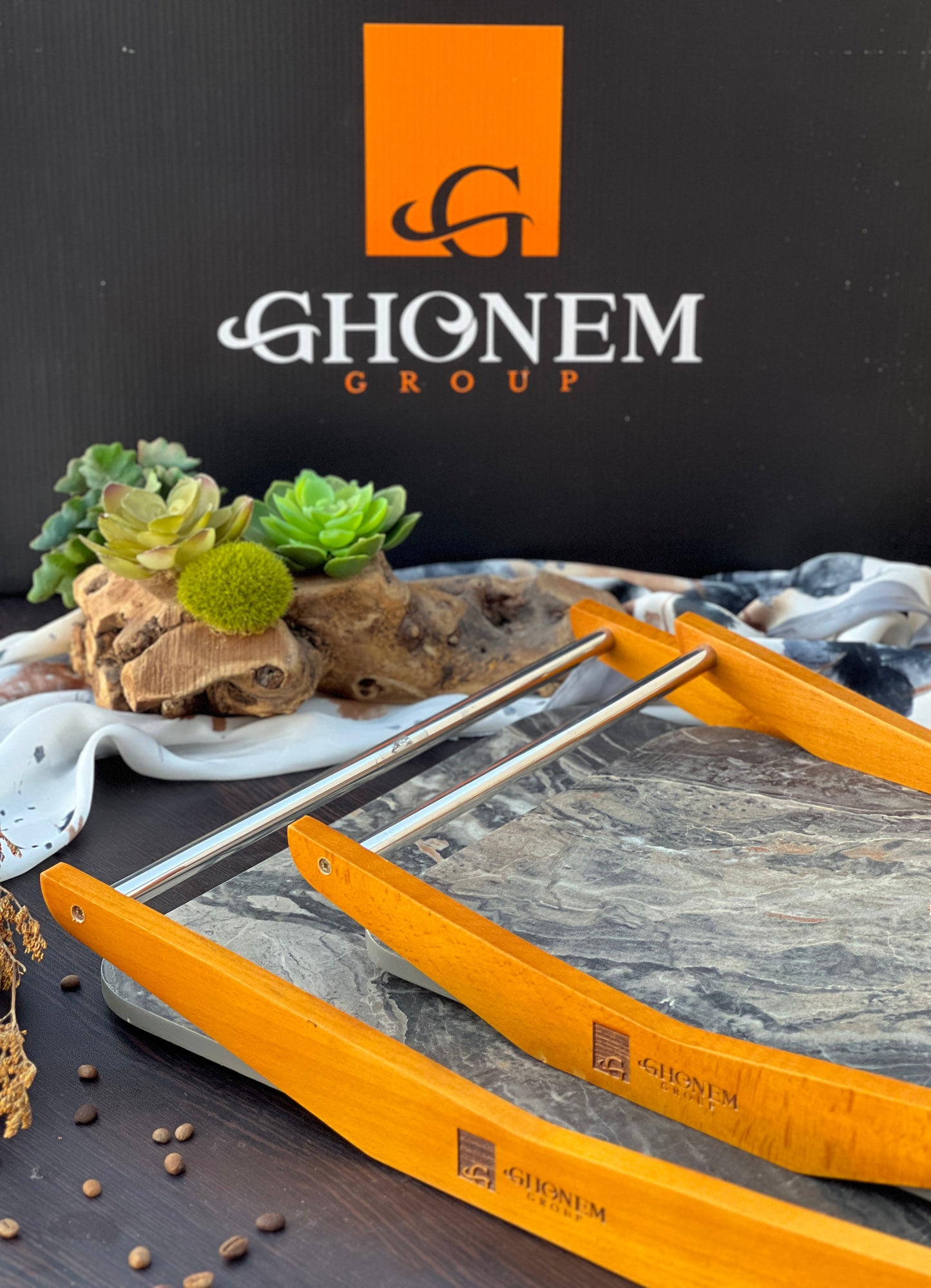Wooden tray with steel handle