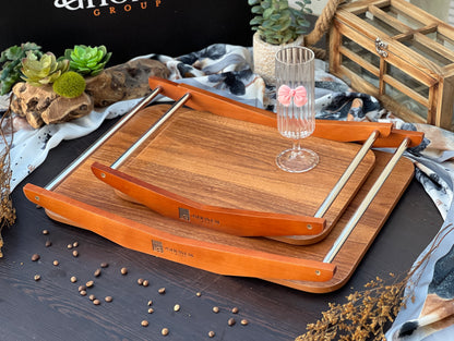 Wooden tray with steel handle