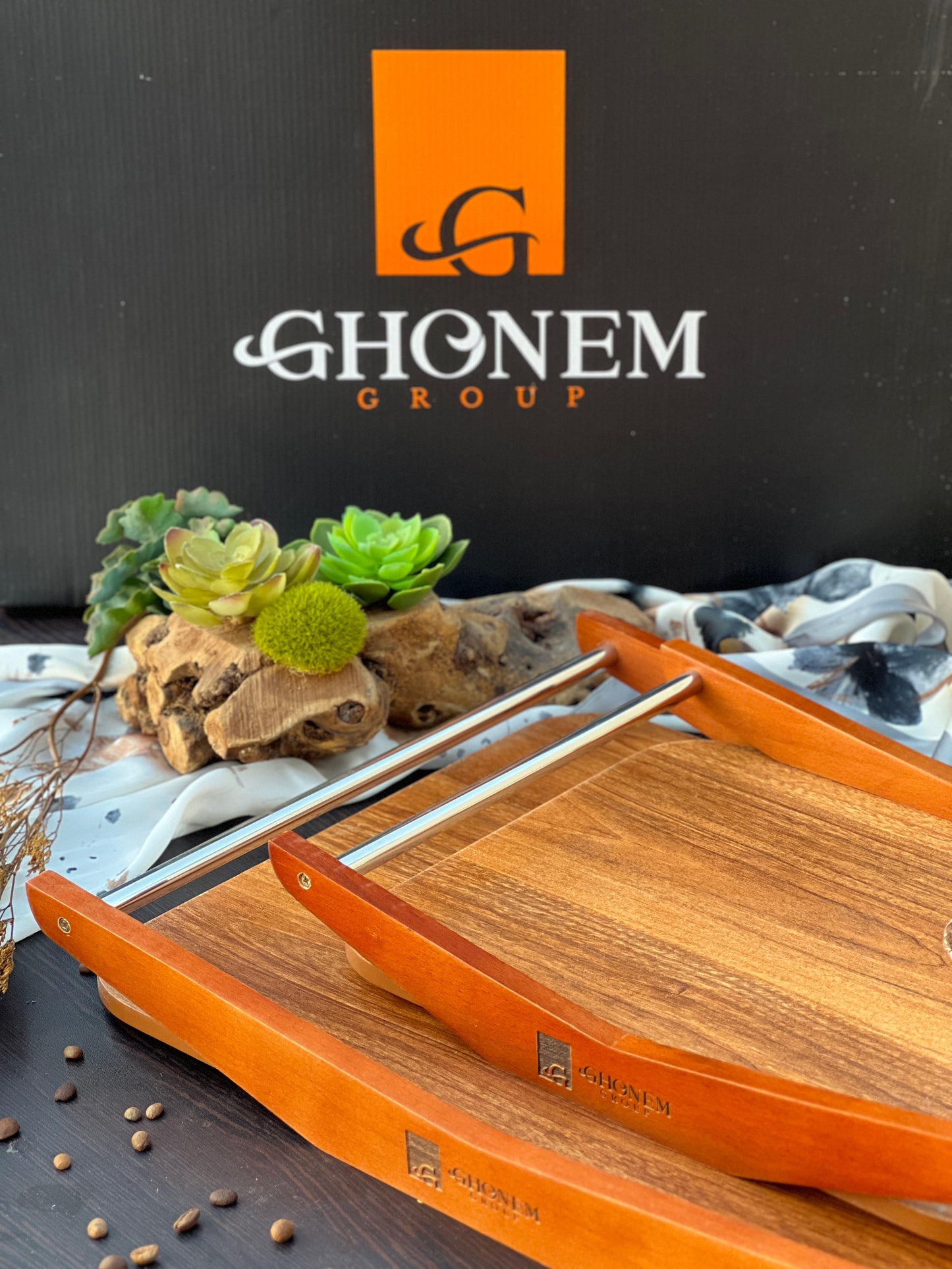 Wooden tray with steel handle