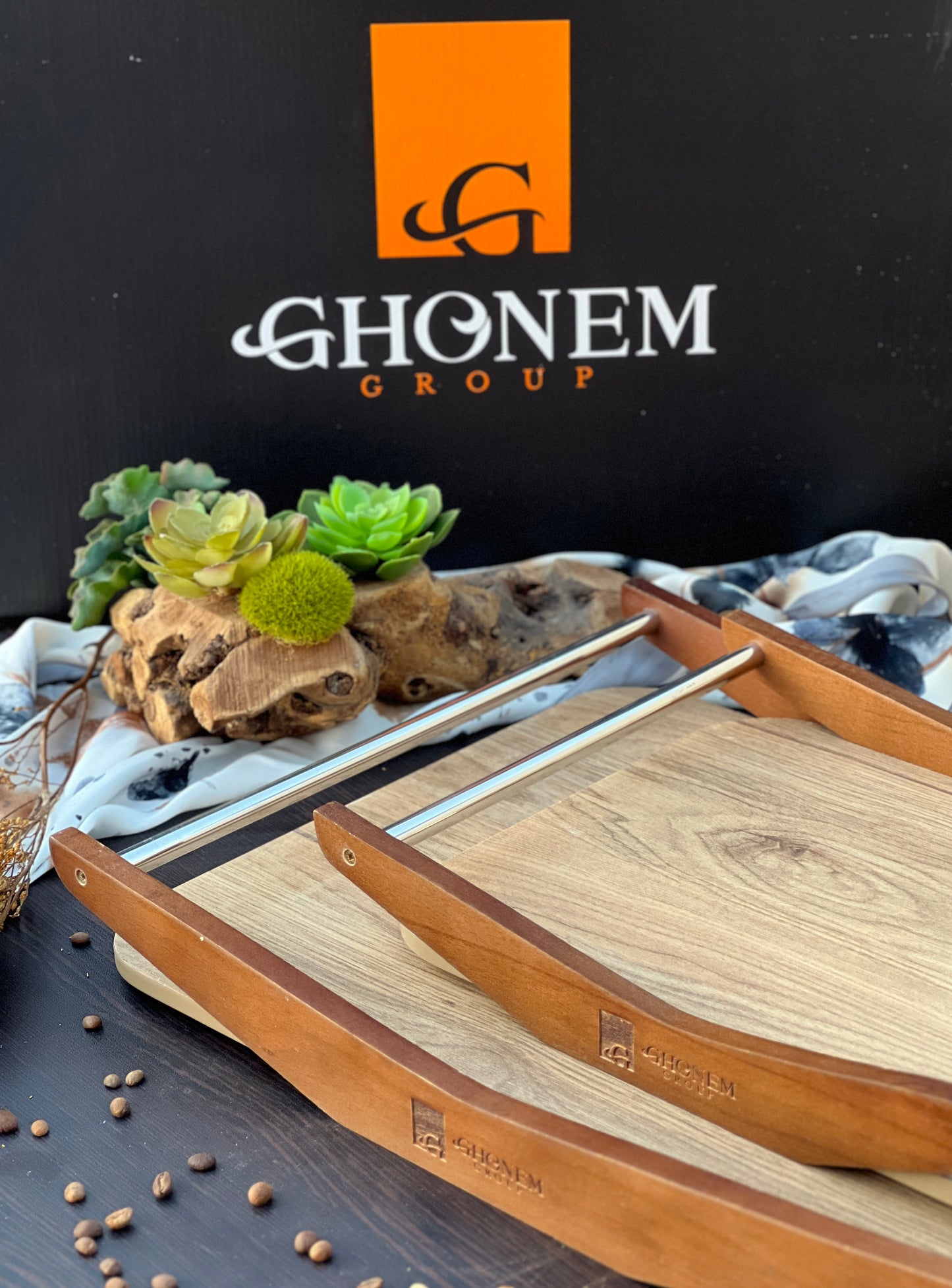 Wooden tray with steel handle