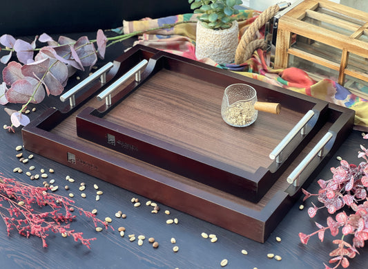Wooden tray with metal handle