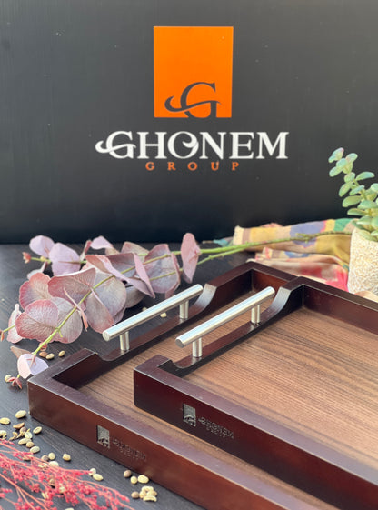 Wooden tray with metal handle