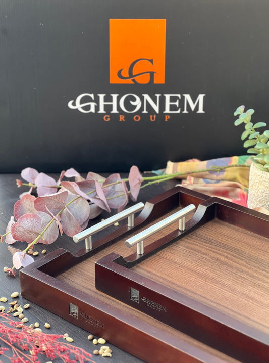 Wooden tray with metal handle