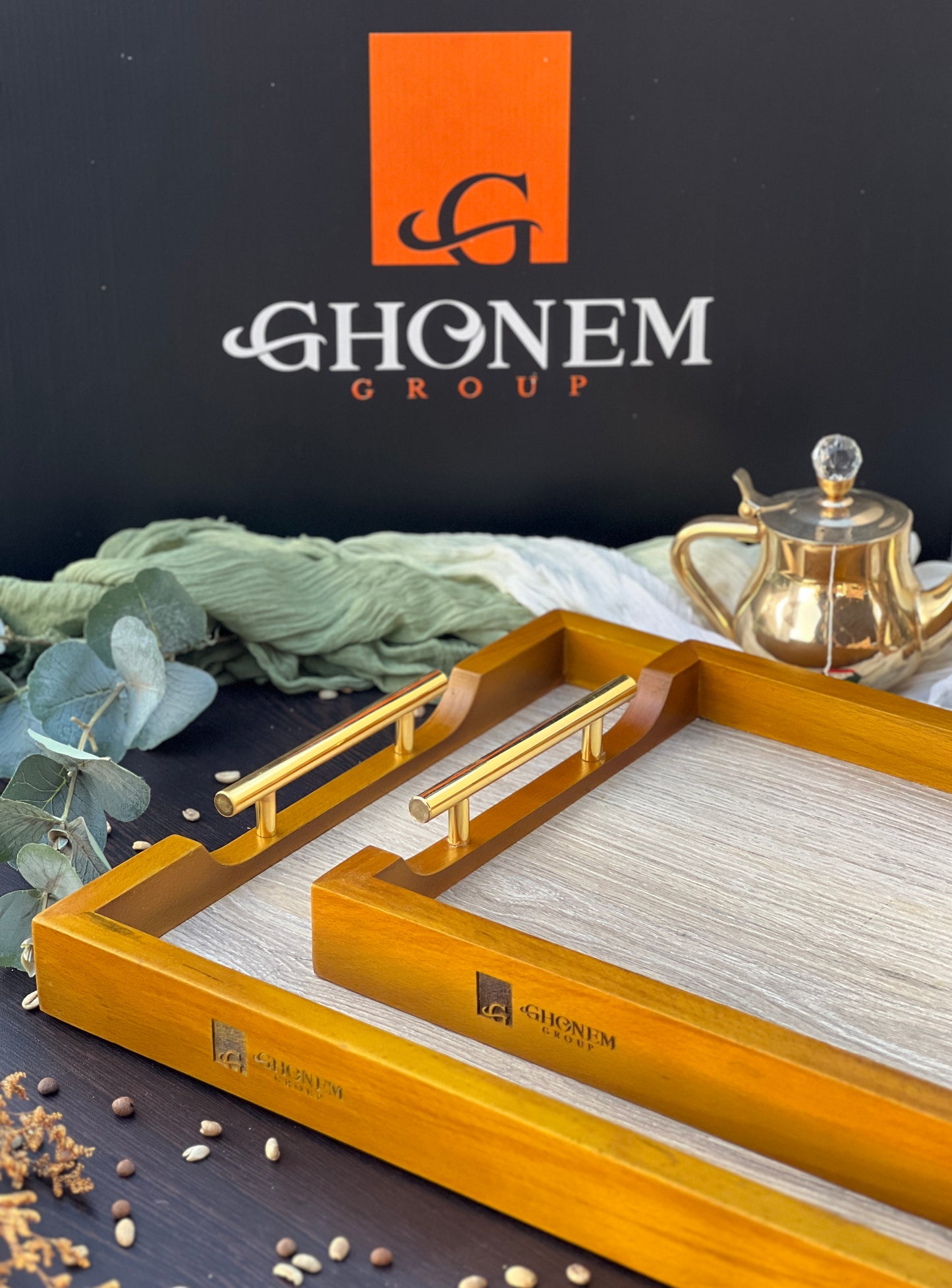 Wooden tray with metal handle