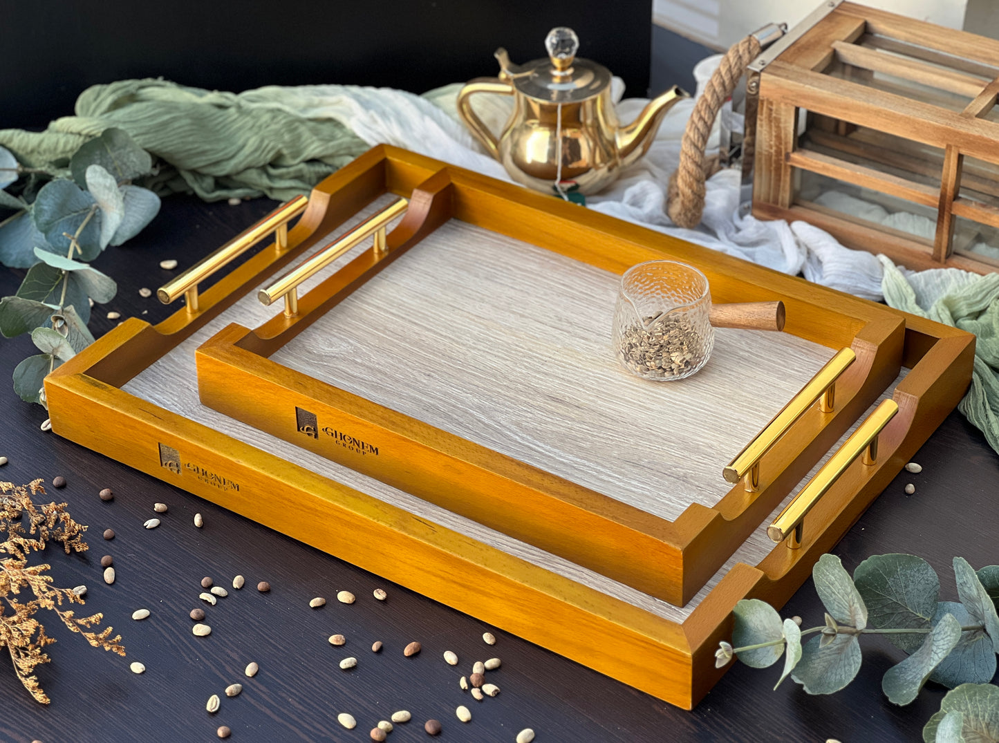 Wooden tray with metal handle